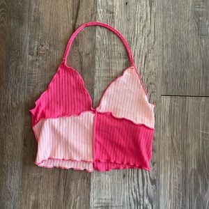 Pink color block halter top